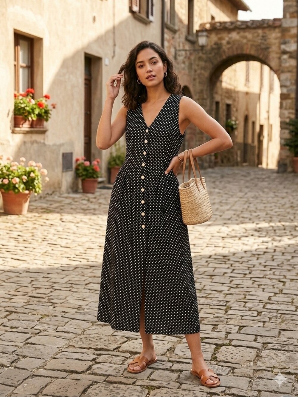 90s Vintage Peri Petites Polka Dot Sleeveless Button-Down Dress